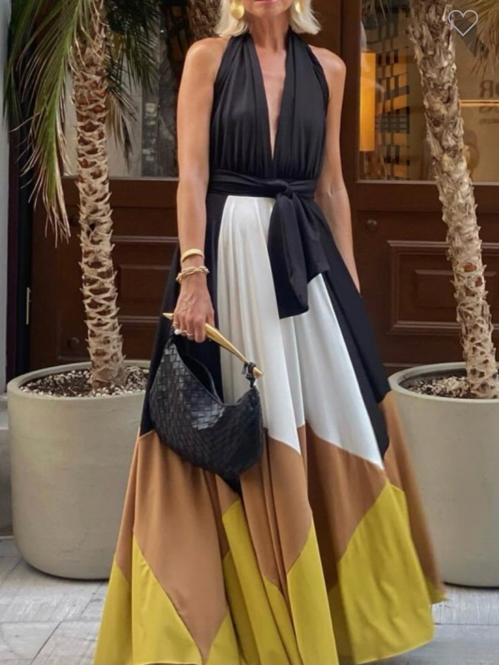 Colorblock Halter Maxi Dress with Waist Tie